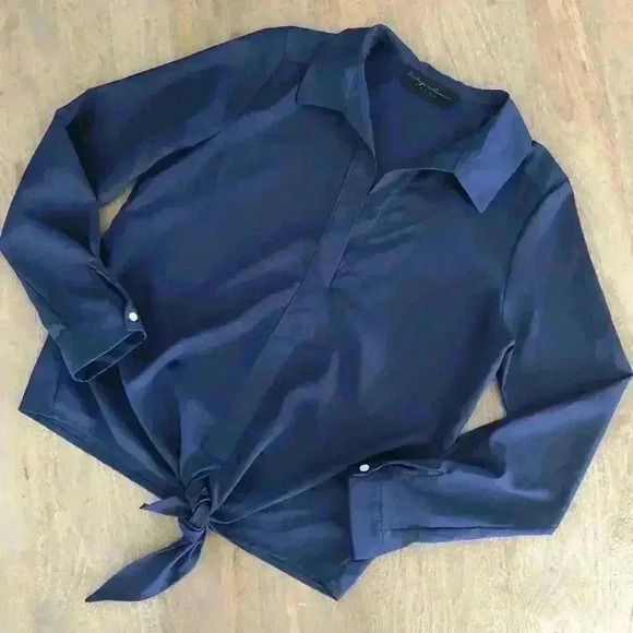 VINTAGE HAVANA V NECK -BUTTON DOWN -TIE WAIST -LONG SLEEVE NAVY - Picture 2 of 11